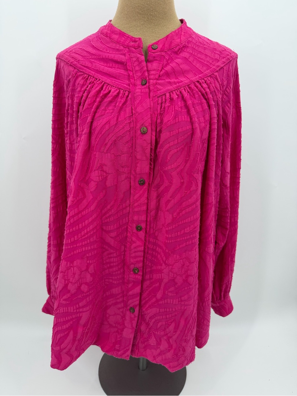Free People Magenta Pink Textured Jacquard Button Down Tunic Blouse Size S